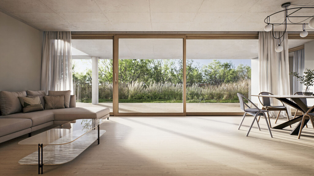 Prosklená stěna s dřevohliníkovými okny VEKRA Alu Design v provedení Slim - okna VELUX