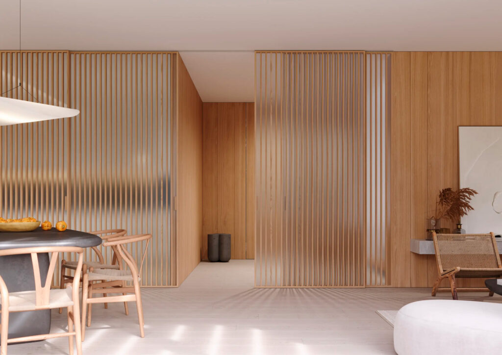 Posuvné dveře IDEALINE WOOD VERTICAL v posuvu do stropu PREMIUM (foto: JAP FUTURE)