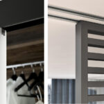 Detail uchycení dveří MASTER v posuvu TRIX TRENDY (vlevo). Detail uchycení dveří IDEALINE HORIZONTAL do posuvu do stropu PREMIUM (vpravo)