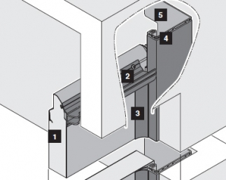 SYSTÉM HÖRMANN THERMO FRAME – SCHÉMA BOČNÍHO OSTĚNÍ: 1) sekční garážová vrata LPU 2) dvojité břitové těsnění zajišťuje lepší utěsnění mezi zárubní a vratovým křídlem 3) gumové těsnění 4) technologie ThermoFrame, která díky vloženému plastovému těsnění se vzduchovými kanálky mezi zárubní garážových vrat a zdivem přeruší tepelný most 5) rám zárubně. SYSTÉM HÖRMANN THERMO FRAME – SCHÉMA BOČNÍHO OSTĚNÍ: 1) sekční garážová vrata LPU 2) dvojité břitové těsnění zajišťuje lepší utěsnění mezi zárubní a vratovým křídlem 3) gumové těsnění 4) technologie ThermoFrame, která díky vloženému plastovému těsnění se vzduchovými kanálky mezi zárubní garážových vrat a zdivem přeruší tepelný most 5) rám zárubně.