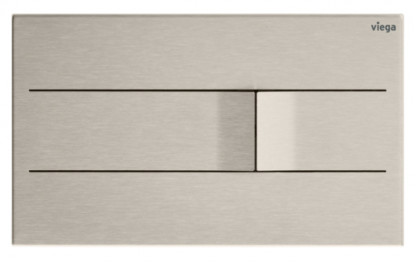 Design ovládací desky Visign for More 201, která je vyrobena z jednoho kusu ušlechtilé oceli, zapůsobí především jedinečným zpracováním. Tlačítka obou funkcí splachování se v místě dotyku zvedají do tvaru měkké vlnky a narušují tak jinak čistě puristický vzhled desky. Achim Pohl, diplomovaný designér a CEO společnosti ARTEFAKT design z Darmstadtu, popisuje Visign for More 201 jako „ovládací desku s maximálně puristickým vzhledem. Zhotovení z jediného kusu ušlechtilé oceli jí propůjčuje decentní výjimečnost, která potěší každé oko.“ Podsvícení formou LED rámu, který lze k desce doobjednat, dokáže ještě více zdůraznit její jedinečnost. Visign for More 201 je k dostání v kartáčovaném nerezu, v pozlacené variantě nebo v barvách alpská bílá a antracit. Možná je i vestavba v jedné rovině s obkladem. (Foto: Viega)